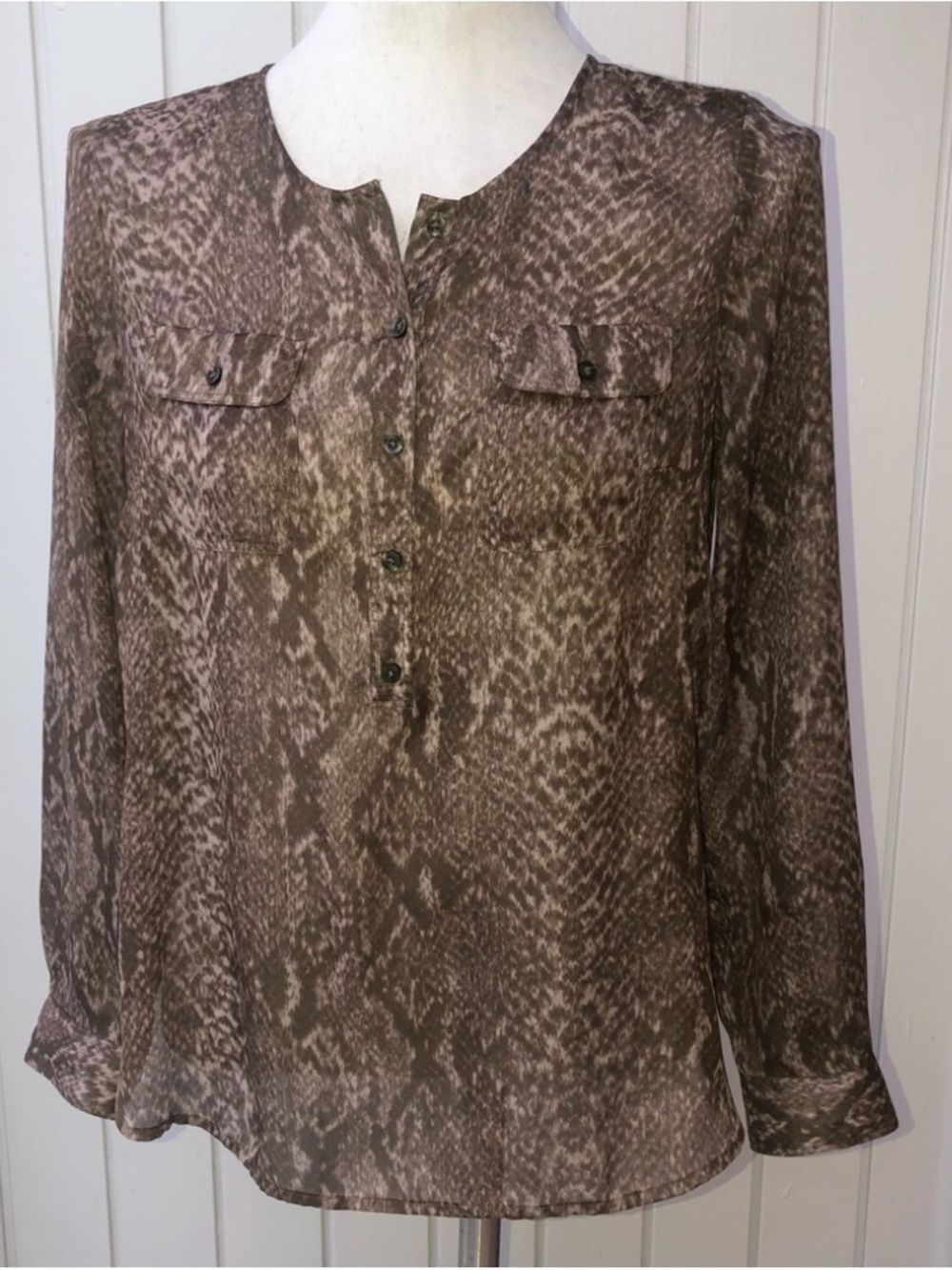 LOFT blouse animal print semi-sheer petite medium top long sleeve top tan